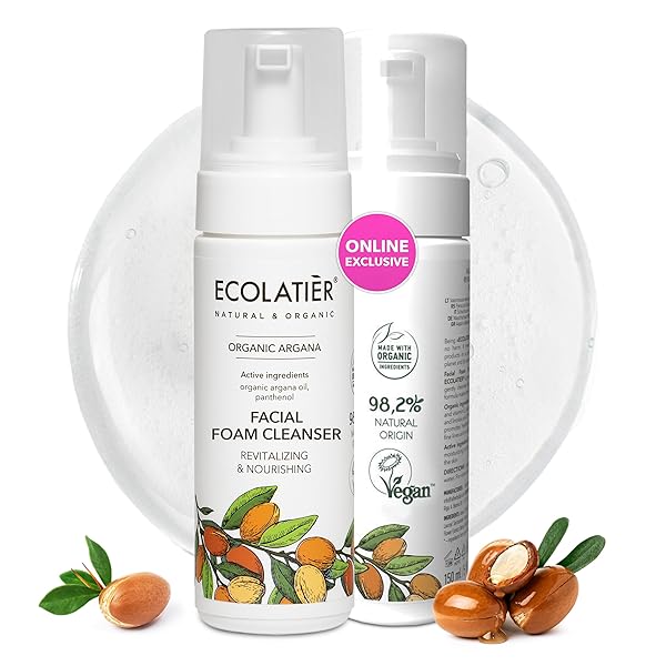 FOAMING FACIAL CLEANSER WITH ORGANIC ARGAN OIL – 98.6% NATURAL, VEGAN, REVITALIZING & NOURISHING ORGANIC ARGANA, ANTI-AGING, REMOVES IMPURITIES, 5.1 FL OZ – ECOLATIER