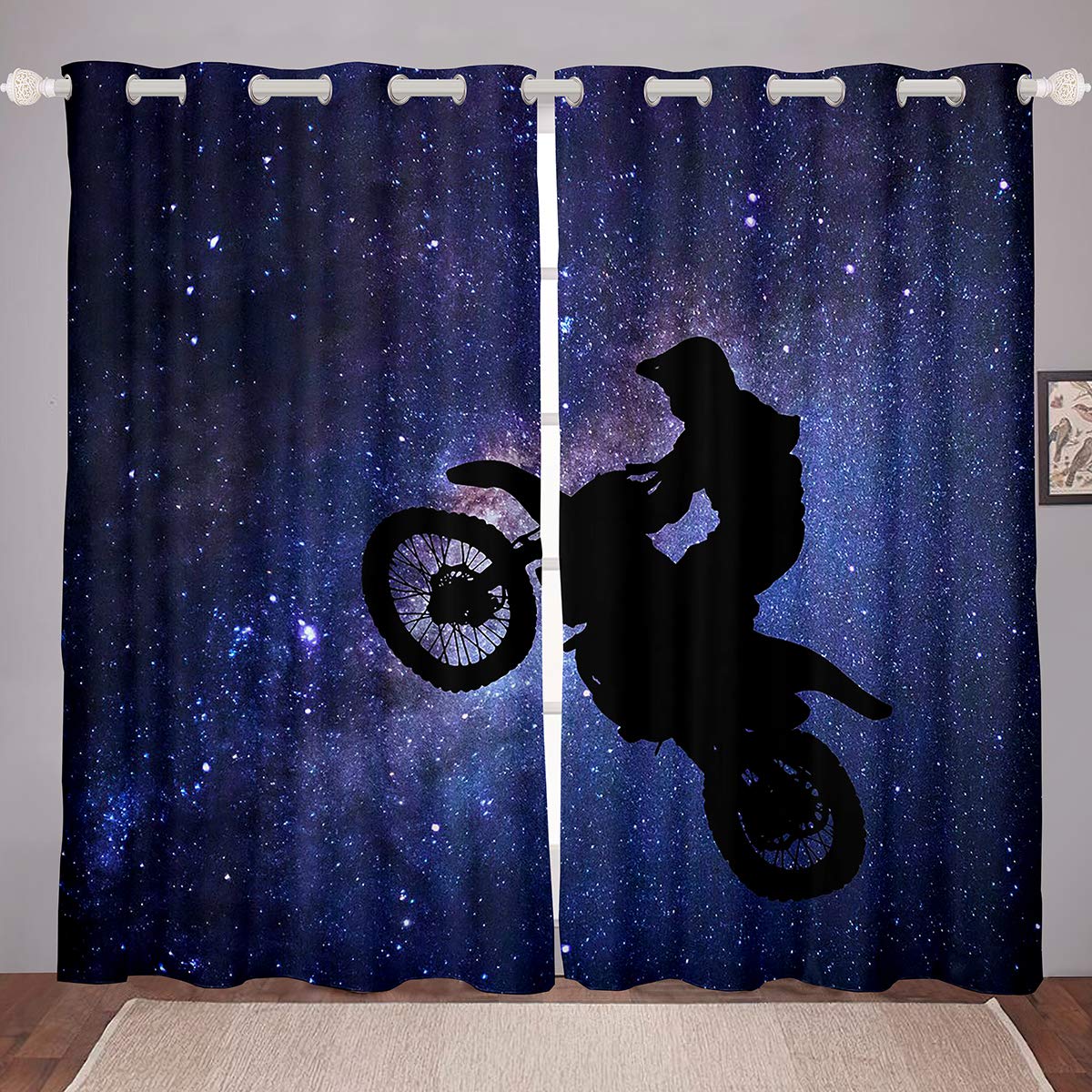 Homewish Galaxy Dirt Bike Curtain Starry Sky Motorcycle Window Curtains Extreme Sport Window Drapes Universe Window Treatments For Kids Youth Teen Boys Room 2 Panels Curtains 46"X54"