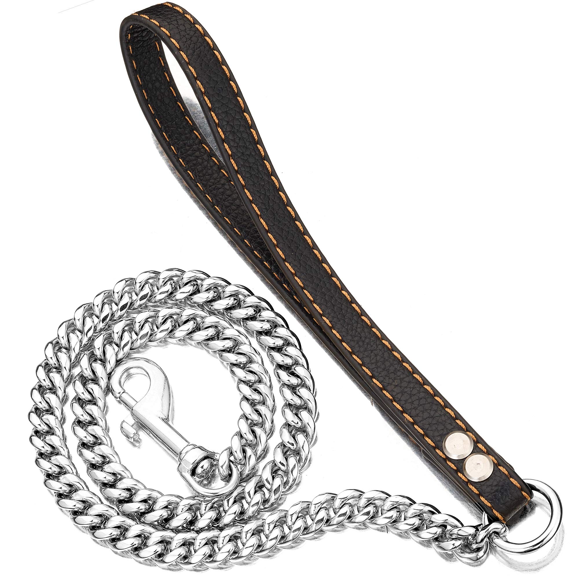 PRADOG Chain Dog Leash Metal Chew Proof 12MM Heavy Duty Pet Leash Chain with Leather Padded Handle for Large Medium Small Dogs(Totally Length of 4ft)