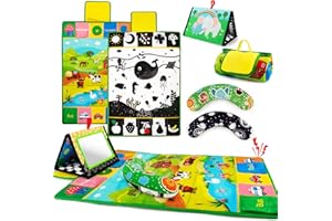 Inbeby Tummy Time Mirror & Play Mat & Pillow 3-in-1, High Contrast Black and White Baby Toys, Activity Mat for Early Education, Newborn Infant Tummy Time Toy Set for 0 3 6 12 Month Crinkle/Squeake
