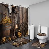 KOKGYM 4Pcs Brown Cowboy Shower Curtain Rustic Theme Western Bathroom Set | Rustic Farmhouse Shower Curtain with Non-slip Rugs, Sunflower and Barn Design, Washable Fabric, 12 Plastic Hooks