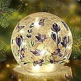 Sphere Glass Crystal Lamp (Timer – Auto 6 Hours On) Featuring Blue Flowers and Green Grass Designs, Decorative Glass Light Craft LED Light for Home Decor