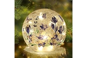 IDEALXMAS GLASS Sphere Glass Crystal Lamp (Timer – Auto 6 Hours On) Featuring Blue Flowers and Green Grass Designs, Decorative Glass Light Craft LED Light for Home Decor