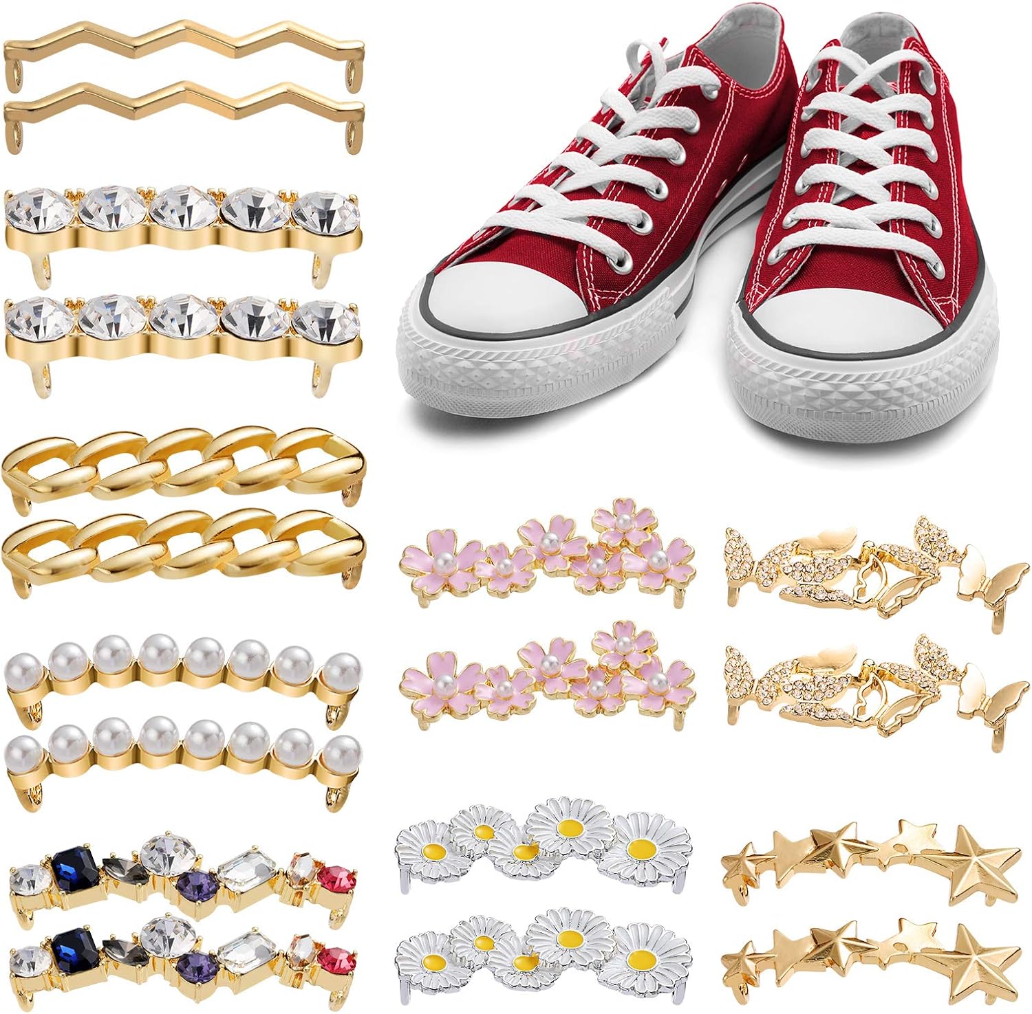 18 Pieces Shoelaces Clips Faux Crystal Pearl Rhinestones