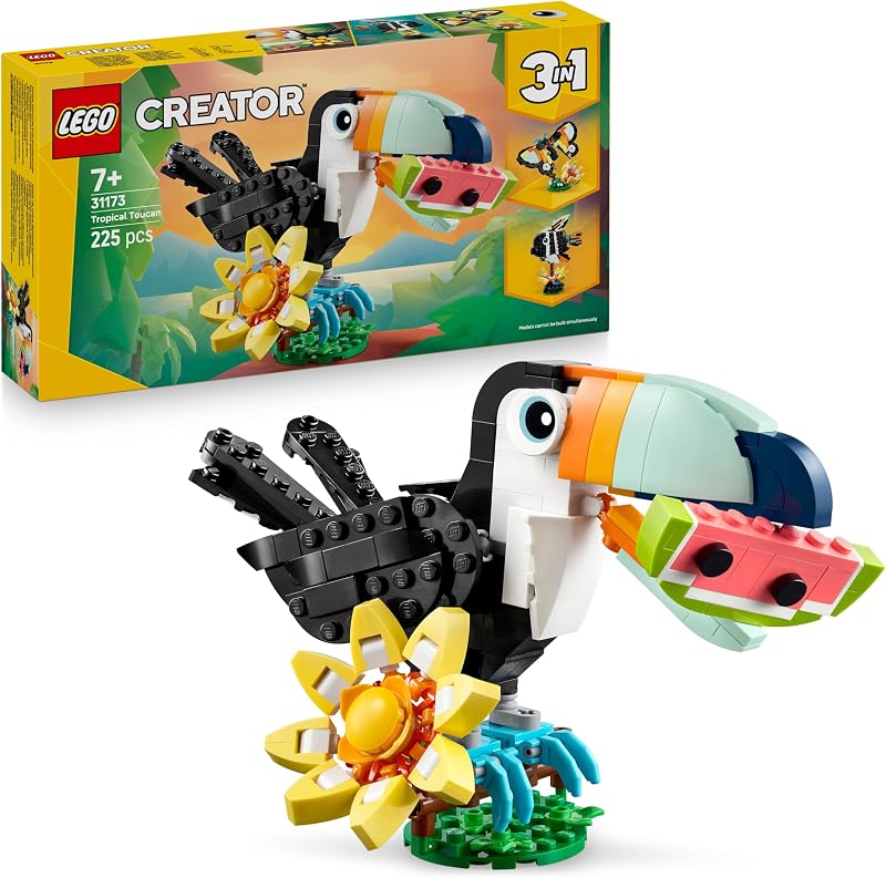 Criador 3 em 1 Vida Selvagem: Tucano Tropical com Flor - Animal de brincar Transformável em Figura Borboleta ou Peixe Tropical - Presente Criativo para Rapazes e Raparigas 7+ Anos 31173