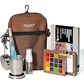 Funto Mini Watercolor Paint Set, All-in-One Walnut Wood 15-Color Premium Pocket Travel Paint Kit, with Crossbody Bag,Watercolor Journal, Metal Clip, Paint Water Cup, Water Brush Ideal for Art Lovers