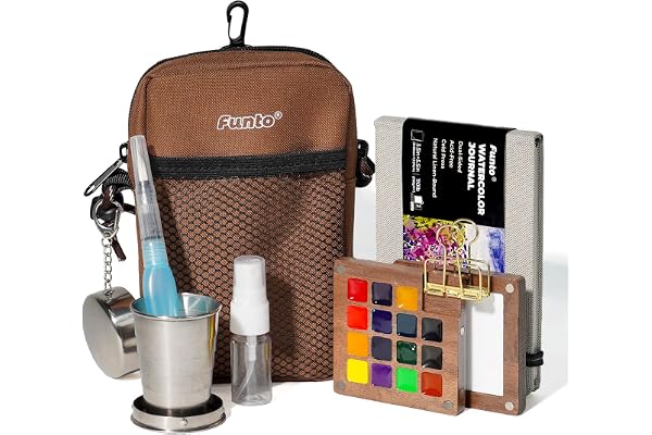 Funto Mini Watercolor Paint Set, All-In-One Walnut Wood 15-Color Premium Pocket Travel Paint Kit, with Crossbody Bag,Watercol