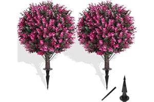 Grooy Artificial Topiary Tree with Pink Eucalyptus, Set of 2 Artificial Shrub Bushes with Ground Spike, Fake Evergreen Tree for Porch, Artificial Plants for Outdoor Planters Indoor UV Resist