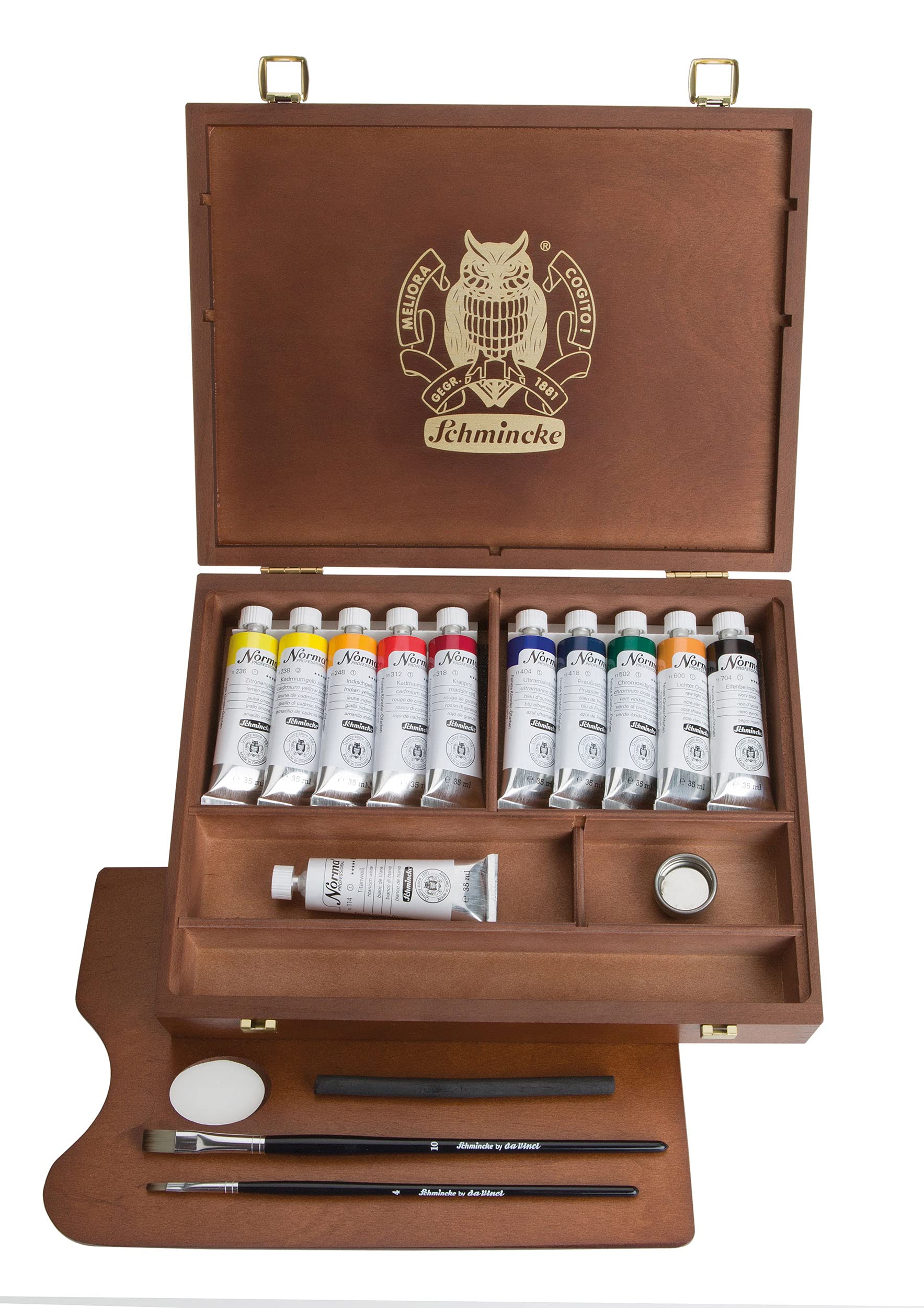 Schmincke - Norma® finest oil colours, premium wooden box, 11 x 35 ml set oil painting, 71 310 097, accessories: palette plug, drawing charcoal, 2 daVinci brushes.