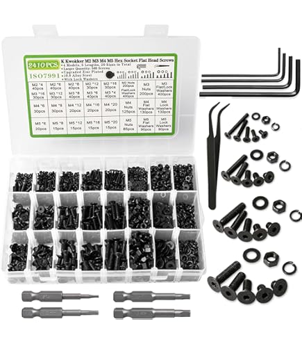 200-Piece M4 Flat Head Hex Socket Cap Screw Assortment – 5 Lengths (30-50mm) With Washers & Nuts, 10.9 Grade Alloy Steel, Black Oxide