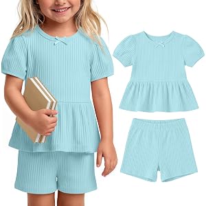Custoneei Toddler Girl Outfits 2 Pcs Set | Baby Ribbed Clothes, Summer, Cute Top and Short, Puff Short Sleeve, Ruffle, Bow, L