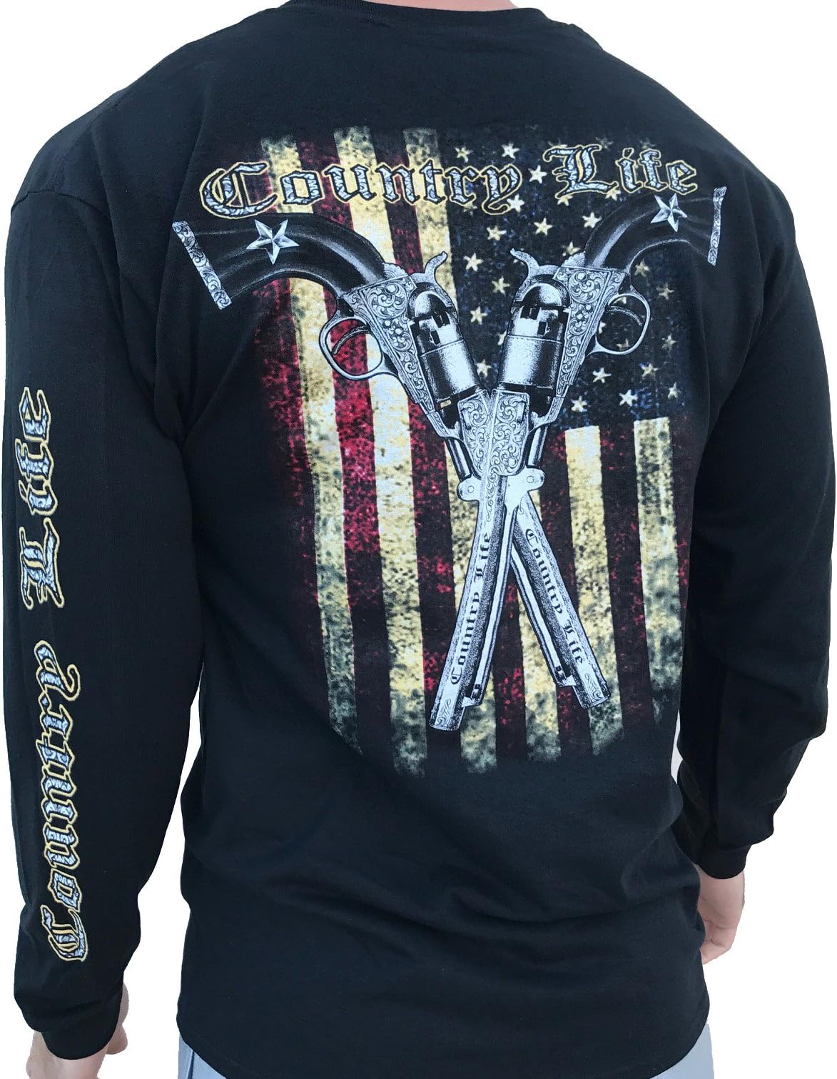 Country Life American Flag and Pistols Black Long Sleeve Shirt