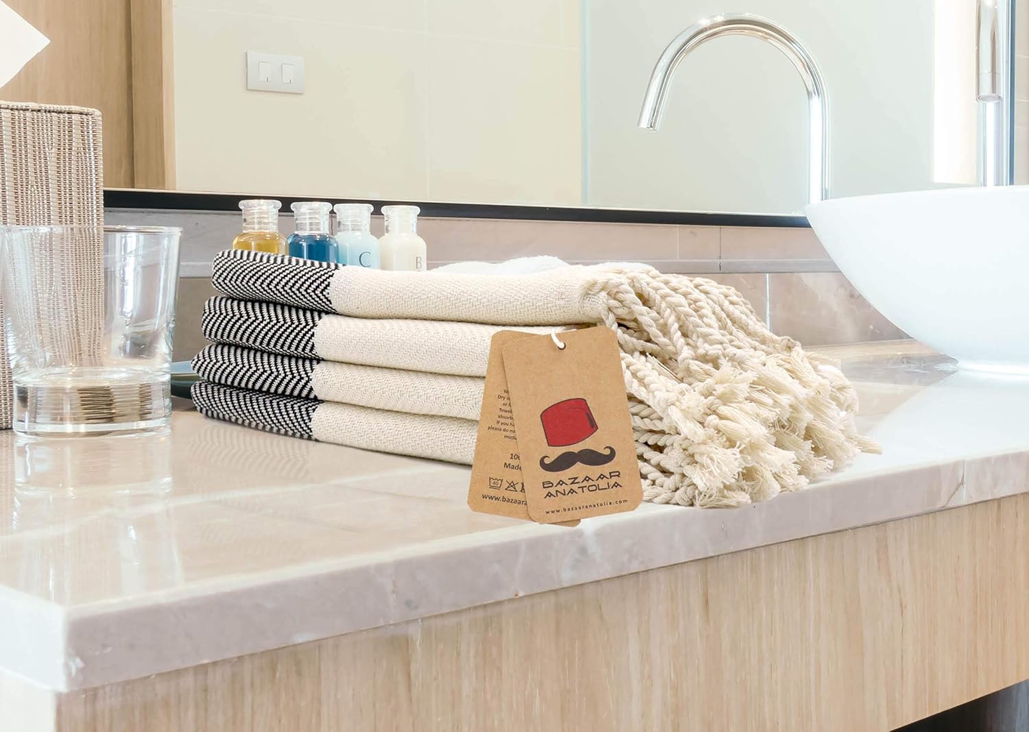 Turkish Hand Towel Set of 4 Herringbone Peshtemal Towel 100% Cotton 45x20" Light Weight Thin Quick Dry Hand Bath Hair Gym Face Tea Kitchen Dishcloth Set Decorative Bathroom Towel (Black): Home & Kitchen