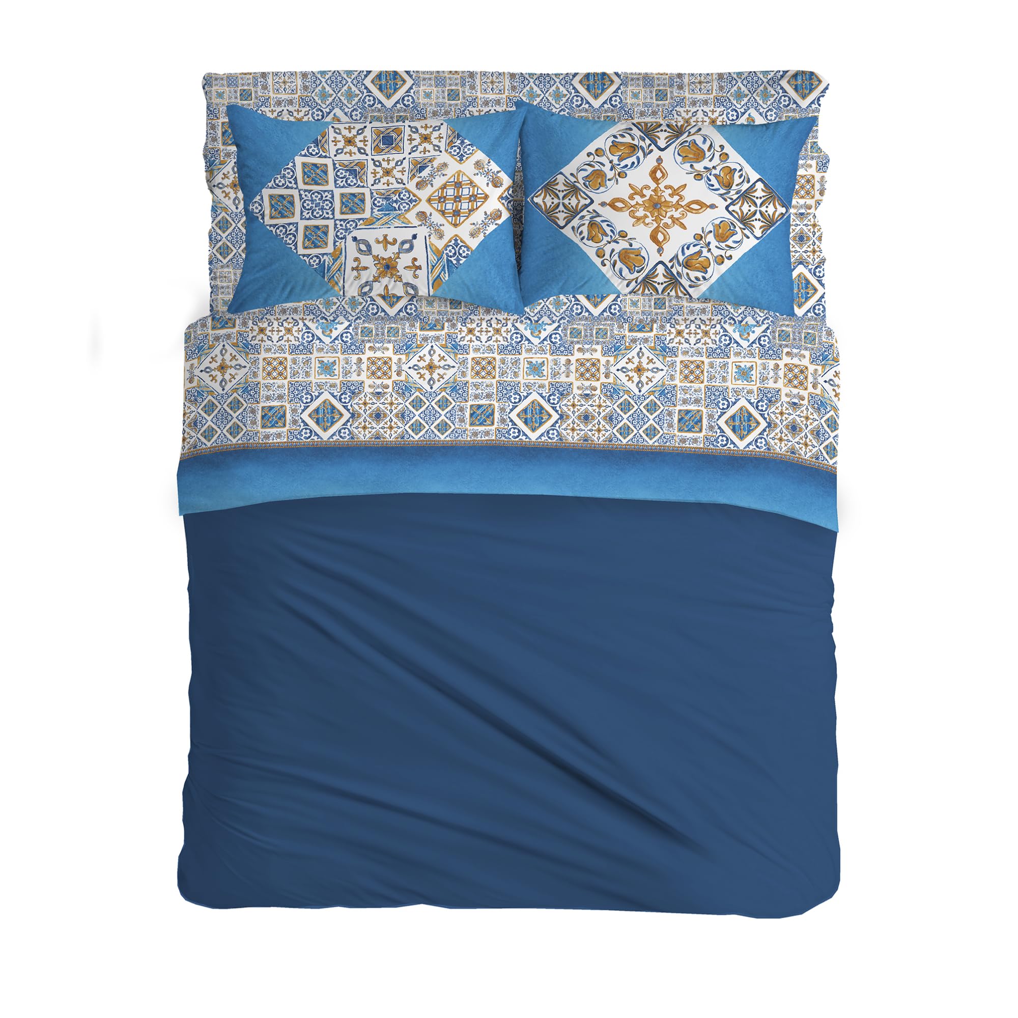 PENSIERI DELICATI Double Bed Set 100% Cotton, Complete Double Bed Sheet Set 180 x 200 cm, Including Bottom Sheet, Top Sheet and 2 Pillowcases, Made in Italy, Blue Majolica Pattern — image 1