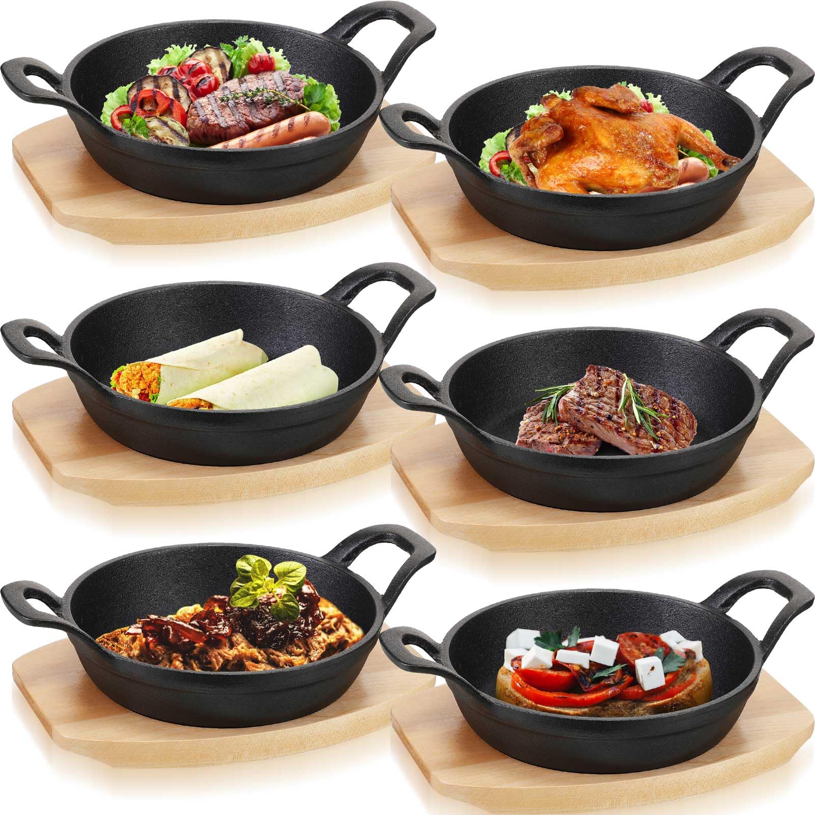 Photo 1 of Nuogo 6 Sets Mini Cast Iron Skillet Mini Cast Iron Plates Skillet with Wooden Base Small Round Cast Iron Pan Fajita Cast Iron Plate Cast Iron Pot for Cooking Christmas Party(6.3 Inches)