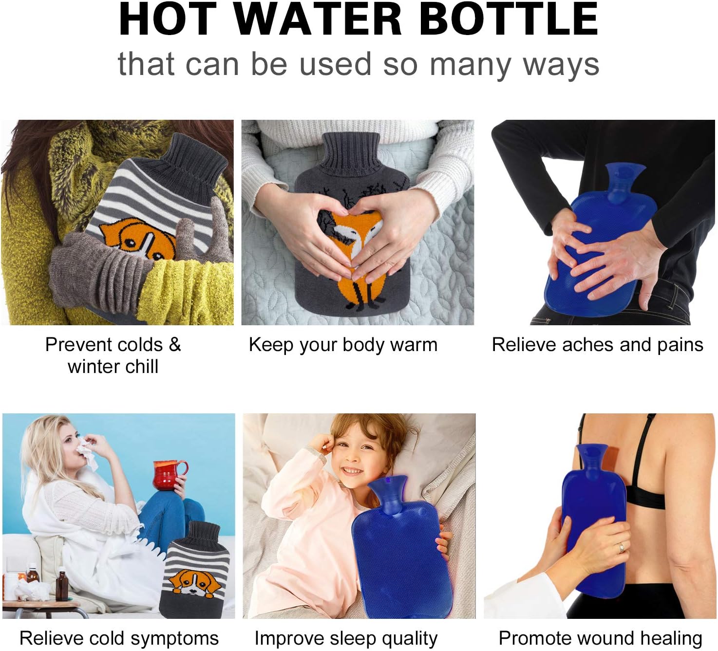 Attmu Classic Rubber Hot Water Bottle 2 Liter with 2 Pack Knit Covers and 1 Bottle Stopper, Red (C-Blue): Health & Personal Care
