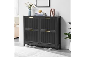 HUSHEDIFY 4 Flip Drawers Shoe Cabinet Storage for Entryway, Narrow Hidden Wood Shoes Organizer Cabinet Front Door Entrance Thin Free Standing Front Door Shoe Rack Storage for Entryway(Black)