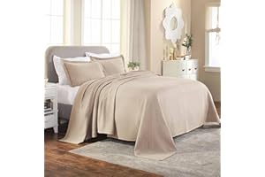 Superior 100% Cotton Basket Weave Bedspread with Shams, All-Season Premium Cotton Matelasse Jacquard Bedding, Quilted-Look Geometric Basket, King, Linen