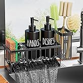 MASADI Kitchen Dish Soap Dispenser Set with Sponge Holder, 12OZ Glass Bottle, Hand and Dish Soap Dispenser Set, Non-Slip Silicone Pad, Brush Holder, Kitchen Sink Organizer Countertop (Black)