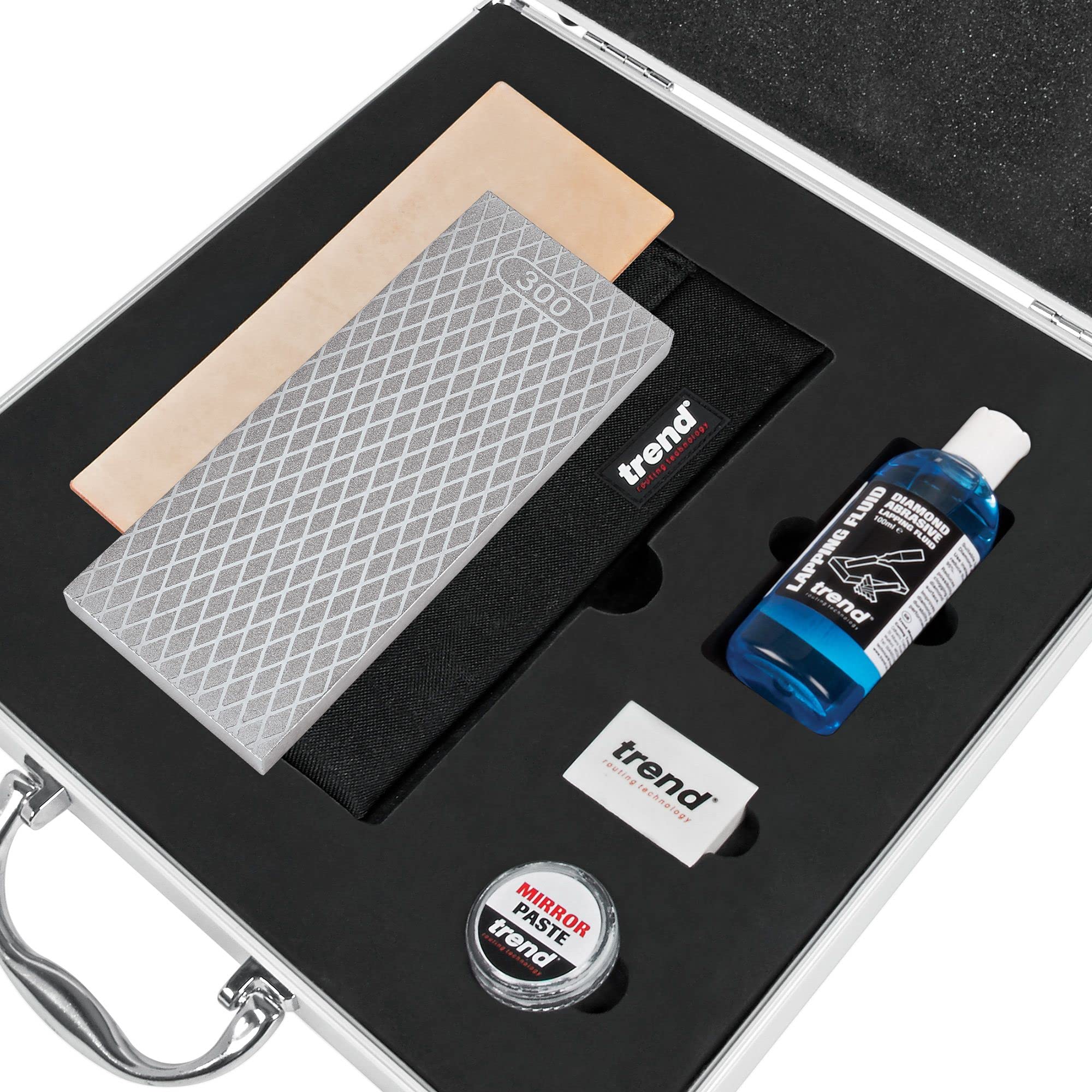 Trend Essential Diamond Sharpening Kit with 300/1000 Grit Bench Stone, Lapping Fluid, Leather Strop, Honing Paste, Cleaning Block & Sharpening Solutions Guide, DWS/KIT/H