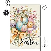 Baccessor Happy Easter Floral Garden Flag 12x18 Inch Double Sided Outside, Easter Eggs Bunny Flowers Spring Yard Outdoor Flag