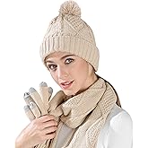 Winter Beanie Hat Scarf Gloves Set for Women, Womens Beanie with Pom Long Scarf Touchscreen Gloves 3 in 1 Set Gift for Women
