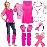 Mukum 80s Costumes for Women - 1980s Outfits for Women Accessories with Fishnet Neon Off Shoulder T-Shirt for 80's Party