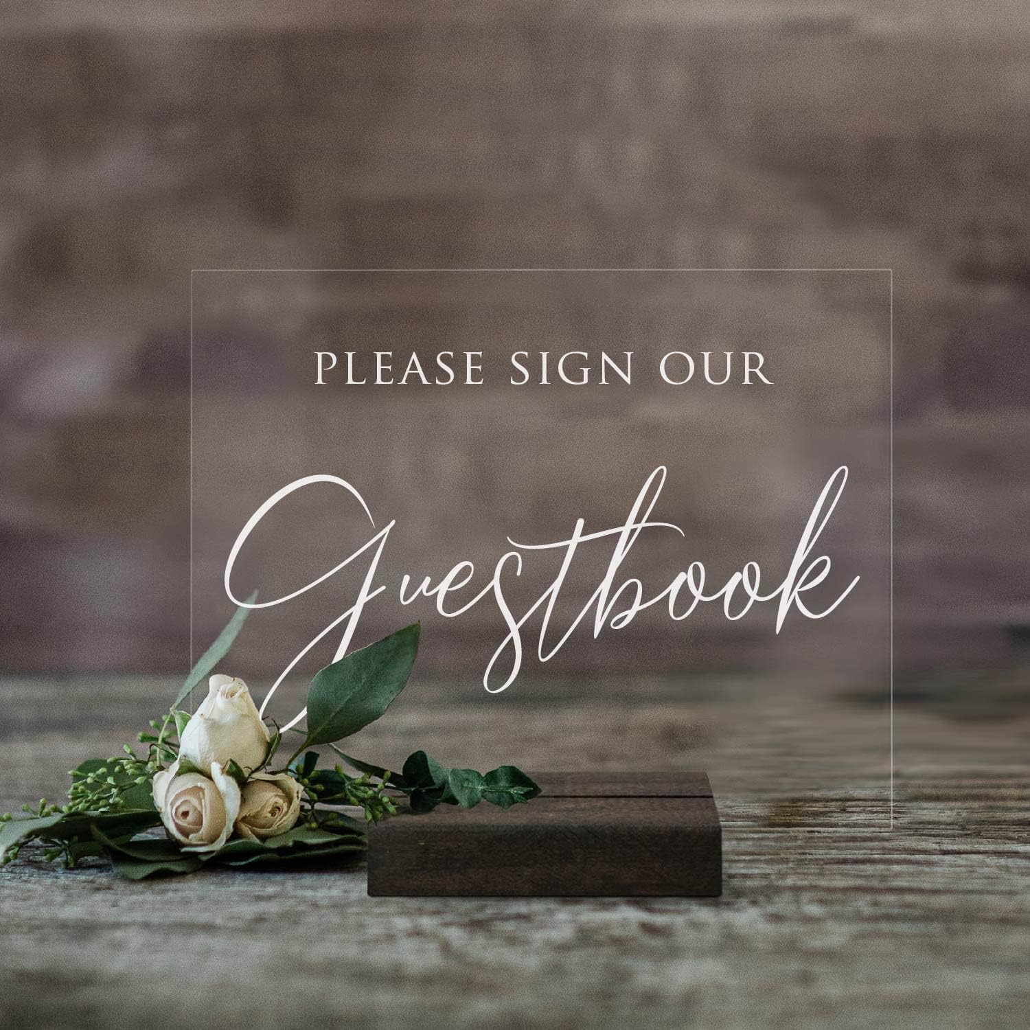 Mixed Media - Please Sign Our Guestbook Acrylic Modern 8x10 Wedding Sign With Included Acrylic Base (8X10, Clear Acrylic Stand) (5X7, Dark Walnut Stand)