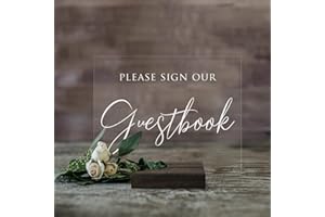 SWEET CAROLINA COLLECTIVE Please Sign Our Guestbook Acrylic Modern 8x10 Wedding Sign With Included Acrylic Base (8X10, Clear Acrylic Stand) (5X7, Dark Walnut Stand)