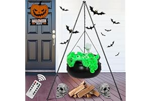 AYGXU Halloween Decorations Outdoor Indoor,Large Witches Cauldron on 52" Tripod with String Lights, Skeleton and Eyeballs,Hocus Pocus Decor,Witches Cauldron for Yard Patio Garden Lawn Decorations.