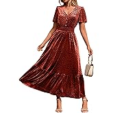 Simplee Womens Fall Velvet Dress Short Sleeve V Neck Floral Maxi Dress Long Formal Winter Wedding Guest Dresses