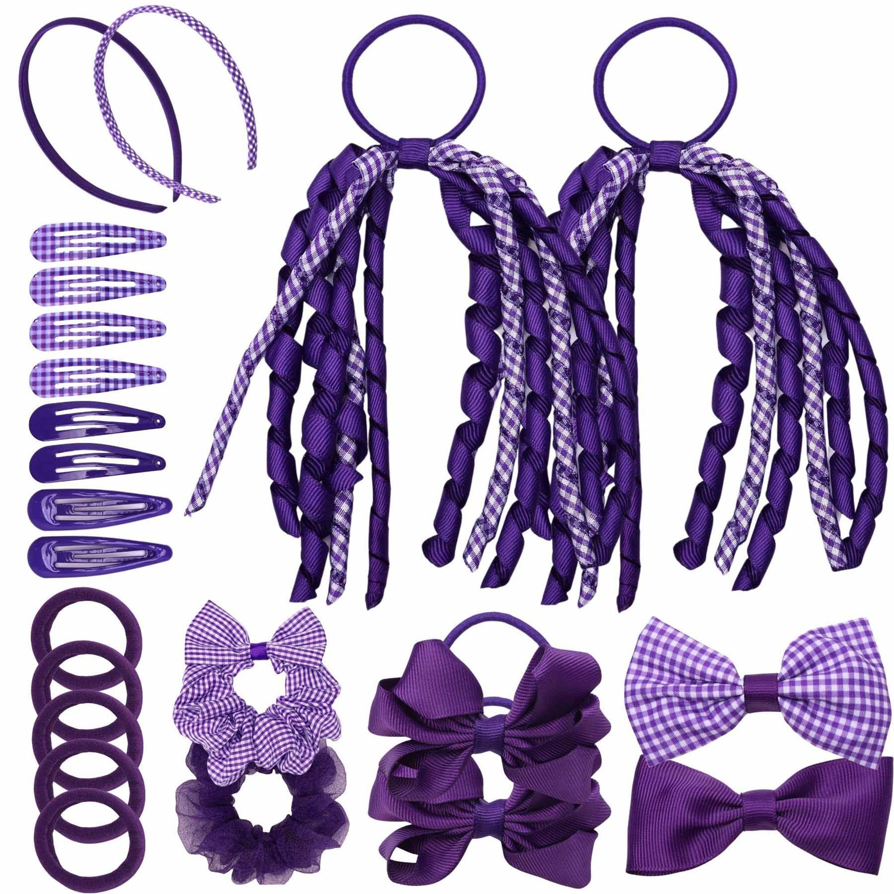 Basic Sense Gingham Girl Hair Accessories Set 23 Pieces Hair Ties, Pins, Scrunchies, Ribbon Ponytail Holder Summer School Check Uniform, Purple — image 1