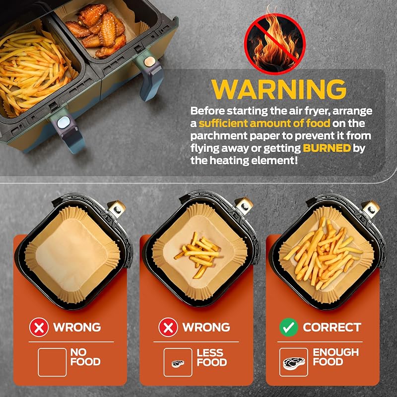 Papel freidora aire 100 unidades de 20-24 cm Cuadrado. Para Air Fryer, Grado alimenticio con triple certificación BPA free, FDA y LFGB