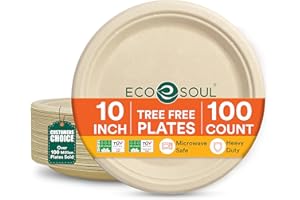 ECO SOUL 100% Compostable 10 Inch Paper Plates [100-Pack] Disposable Party Plates I Heavy Duty Eco-Friendly Sturdy Dinner Dis