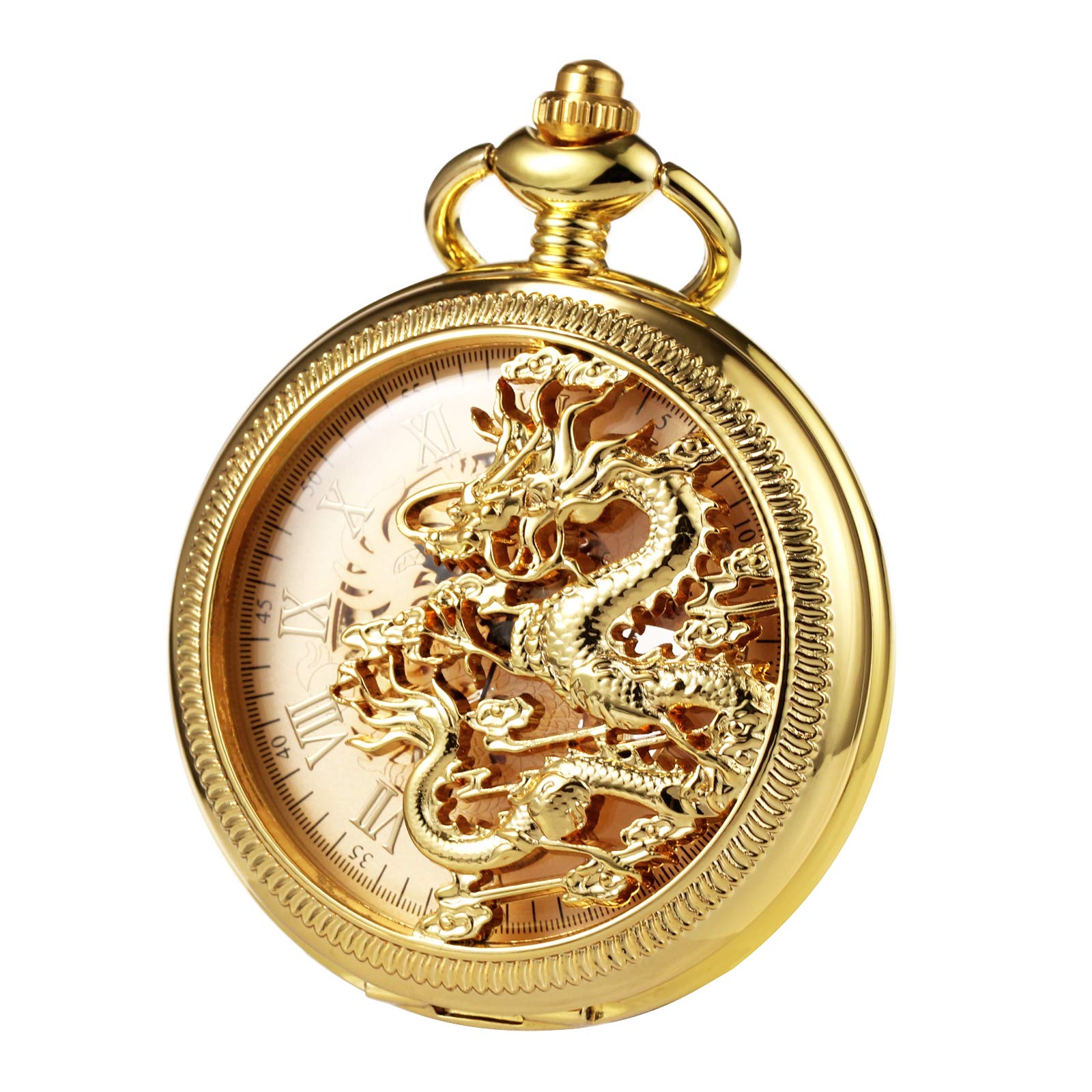 TREEWETO Unisex Pocket Watch with Chain Analogue Hand Winding Mechanical Antique Dragon Skeleton for Men Women Gold
