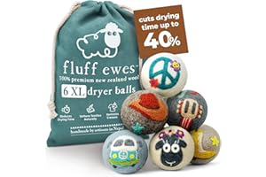 HUSTLE & BLUSH Fluff Ewes Wool Dryer Balls 6 Pack Premium New Zealand Wool Laundry Balls for Dryer, No Static Dryer Balls Laundry Reusable, XL Wool Dryer Balls Cute, Baby Dryer Balls for Dryers - Fluff Fest