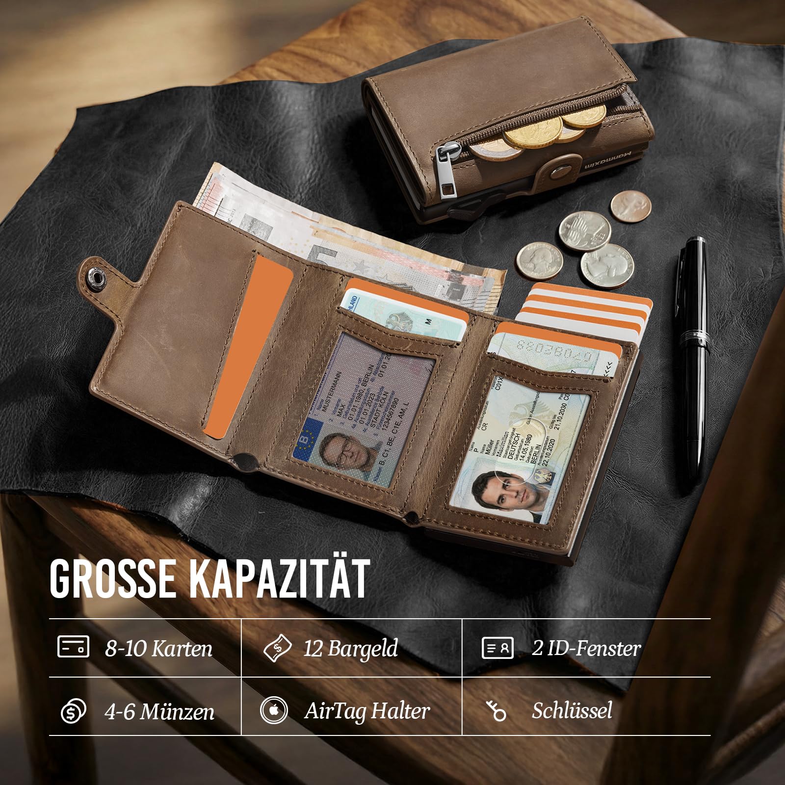 YESIIW Portmonee Herren Echt Leder mit AirTag Fach, Geldbeutel AirTag mit Pop-Up Kartenetui für 10 Karten & 2 Ausweis, RFID Geldbörse mit Münzfach, für Alltag, Reise & Büro, Smart Wallet Braun 3
