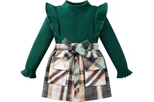 Weixinbuy Toddler Girl Fall Winter Clothes Solid Long Sleeve Ribbed T-Shirt Knit Tops Plaid Button Mini Skirts Set Outfits