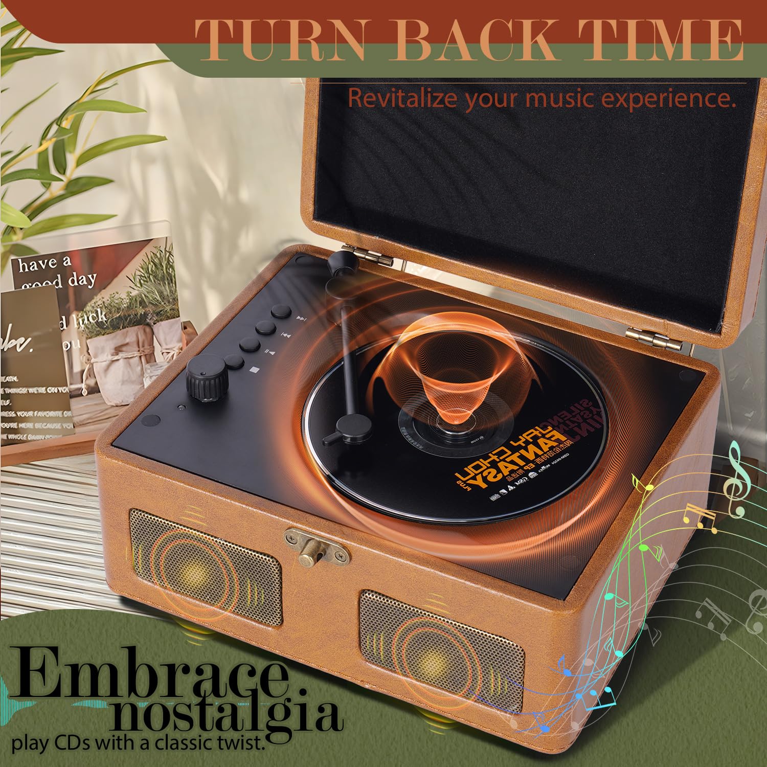 RetroBeat Time Vintage Portable Music Box – CD with Speakers, Bluetooth Transmitter, Rechargeable, USB/AUX, Multi‑Mode Gift(Brown)