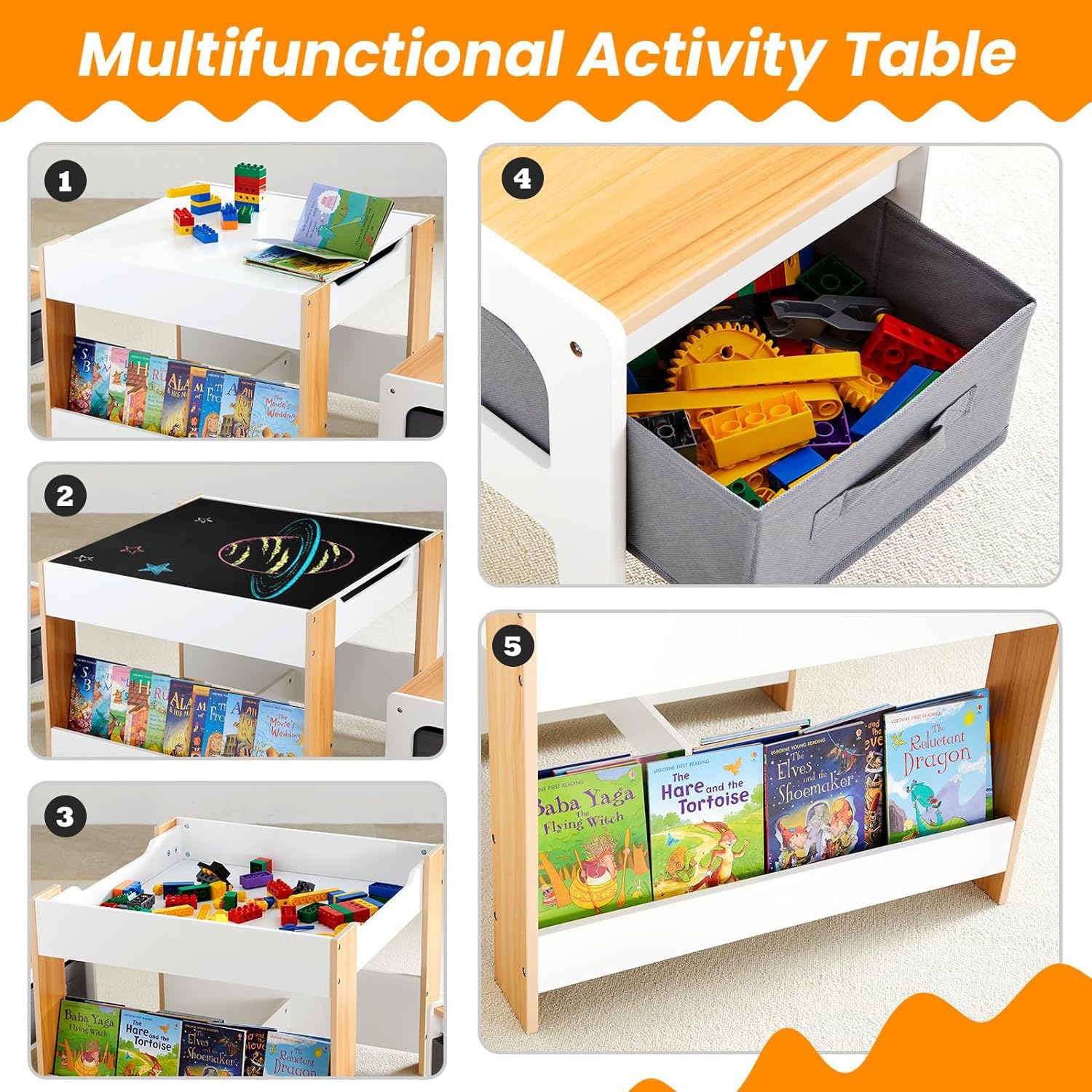 Asweets Kids Table and Chair Set,4 in 1 Toddler Desk with Storage Drawer,Wooden Activity Table for 2 in 1 Detachable Tabletop,Bookshelf,Suitable for Classroom,Home,Nursery,Playroom (Natural White)
