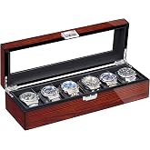 BEWISHOME Watch Case, 6 Slot Wooden Watch Box for Men with Large Glass Lid | Men's Watch Box, Watch Storage Organizer, Watch Display Case, Watch Holder Removable Watch Pillows, Brown SSH06Y