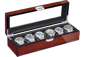 BEWISHOME High-End Watch Box, 6 Slot Wooden Watch Case with Large Glass Lid, Wood Watch Storage, watch holder Watch Organizer