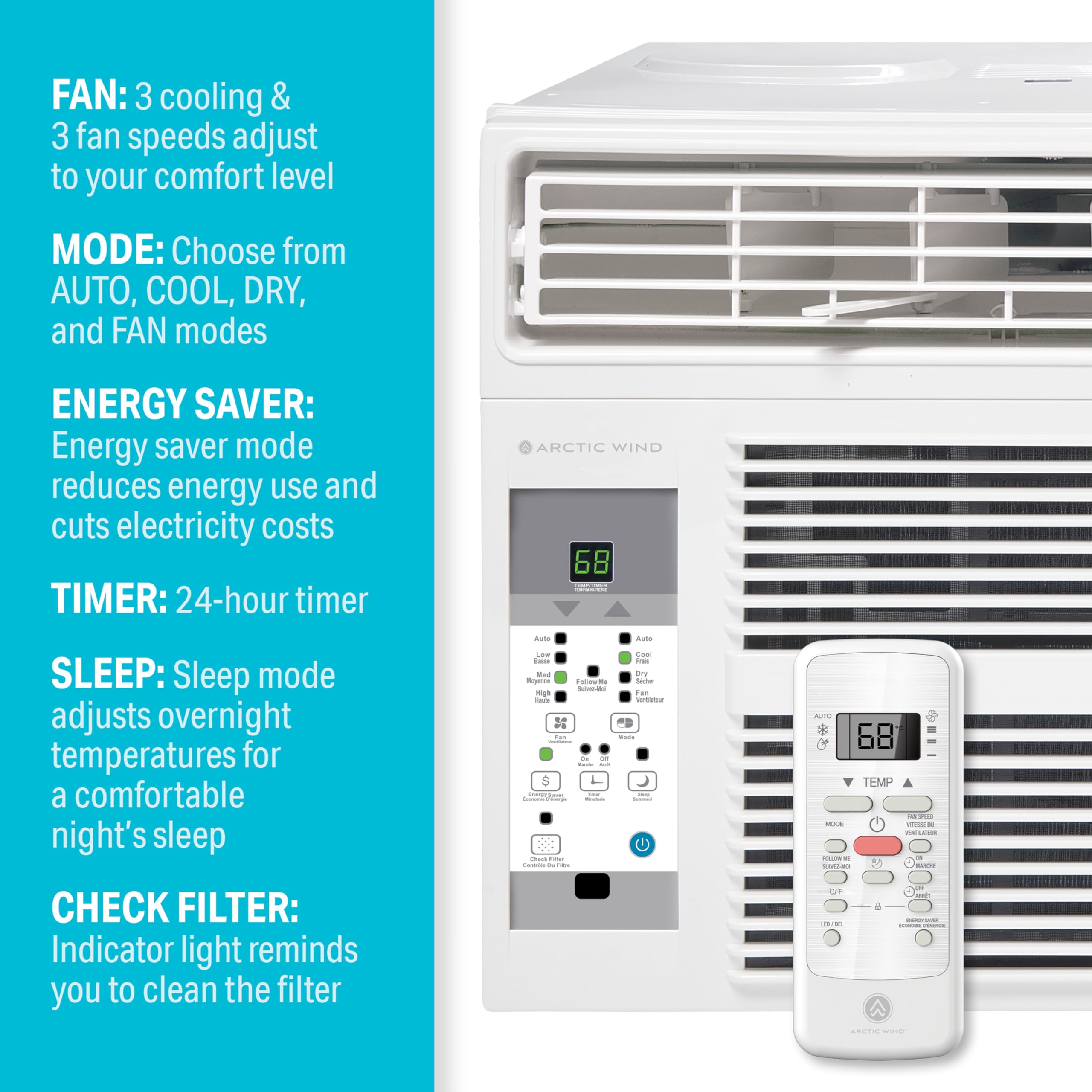 Arctic Wind 4AW10000A 10,000 Air Conditioner and Dehumidifier, 115V, Window AC Unit for Medium Rooms up to 450 Square Feet with Remote Control, White, 10000 BTU