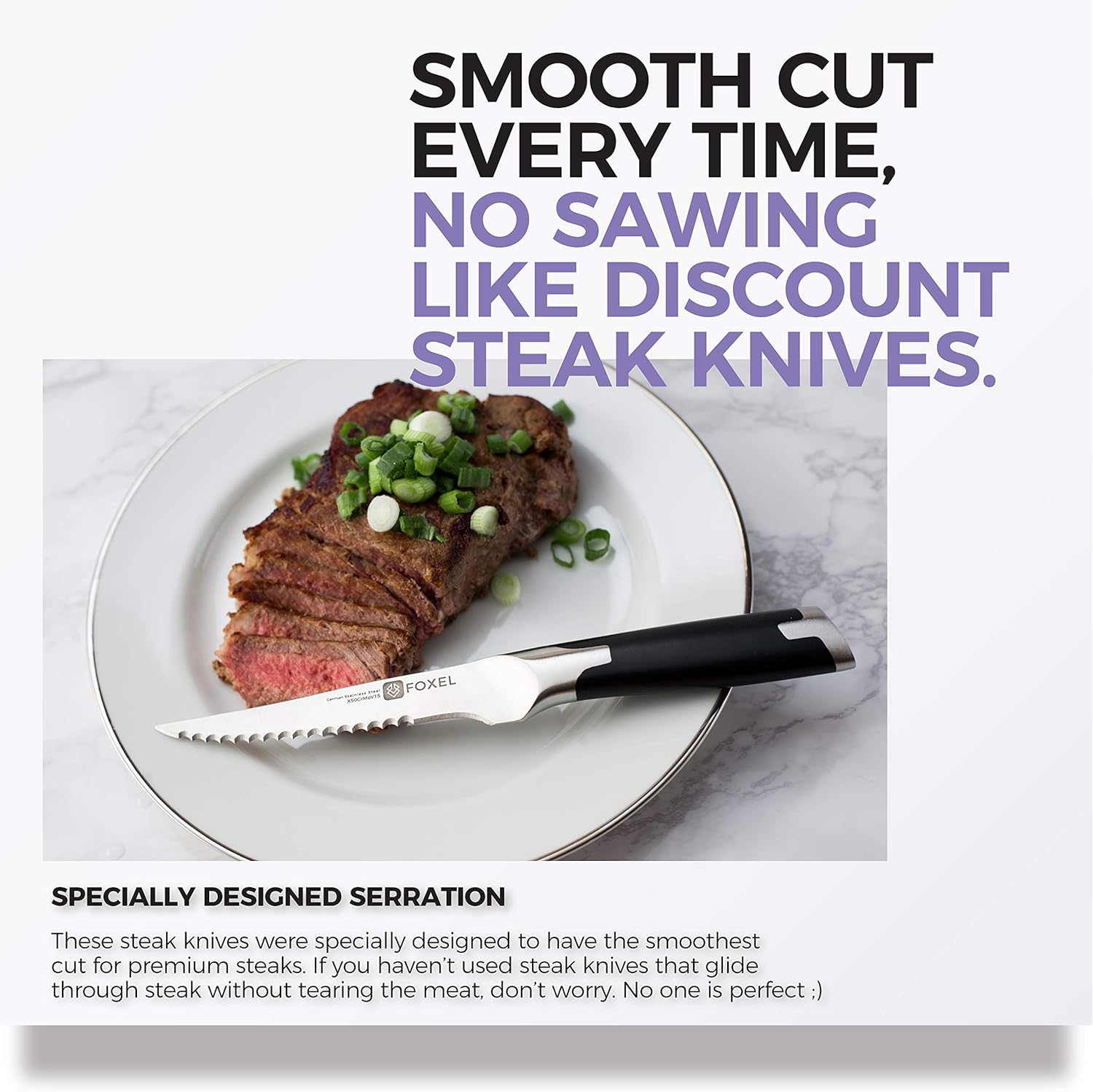 Steak Knives Knife Set of 4, 8, or 12 - Smooth Cut Serrated Blade uses German High Carbon Steel w/Full Tang Handle - Gift Box Set: Kitchen & Dining