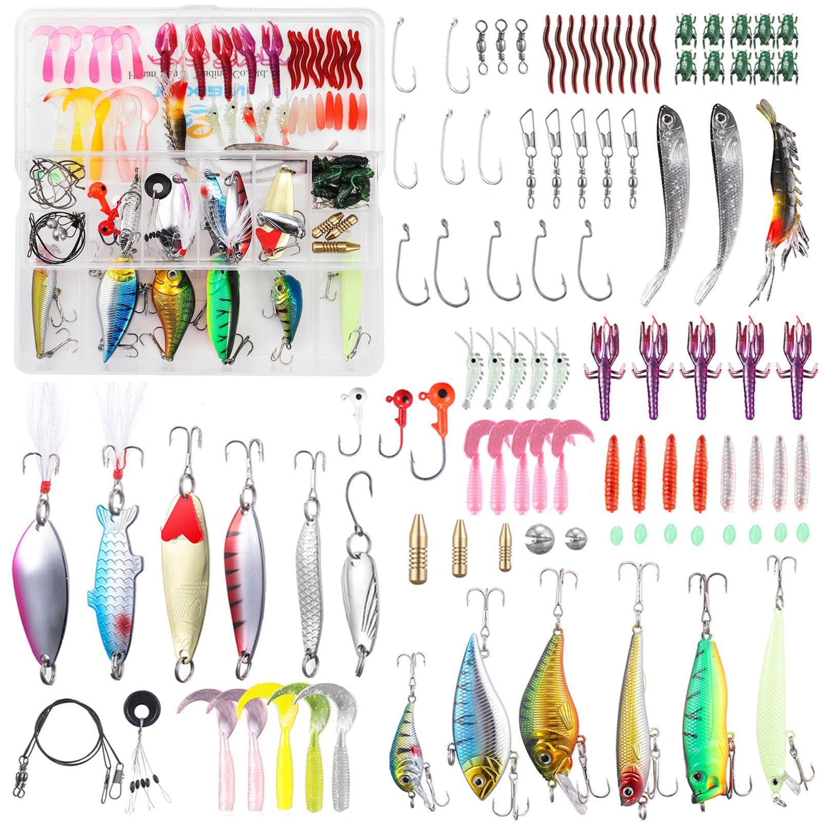 TUXIBIN 101 Pcs Universal Multifunction Assorted Fishing Kit with Tackle Box - Spinners, Worm, Spoons, Hard Lure, Sinking Lures