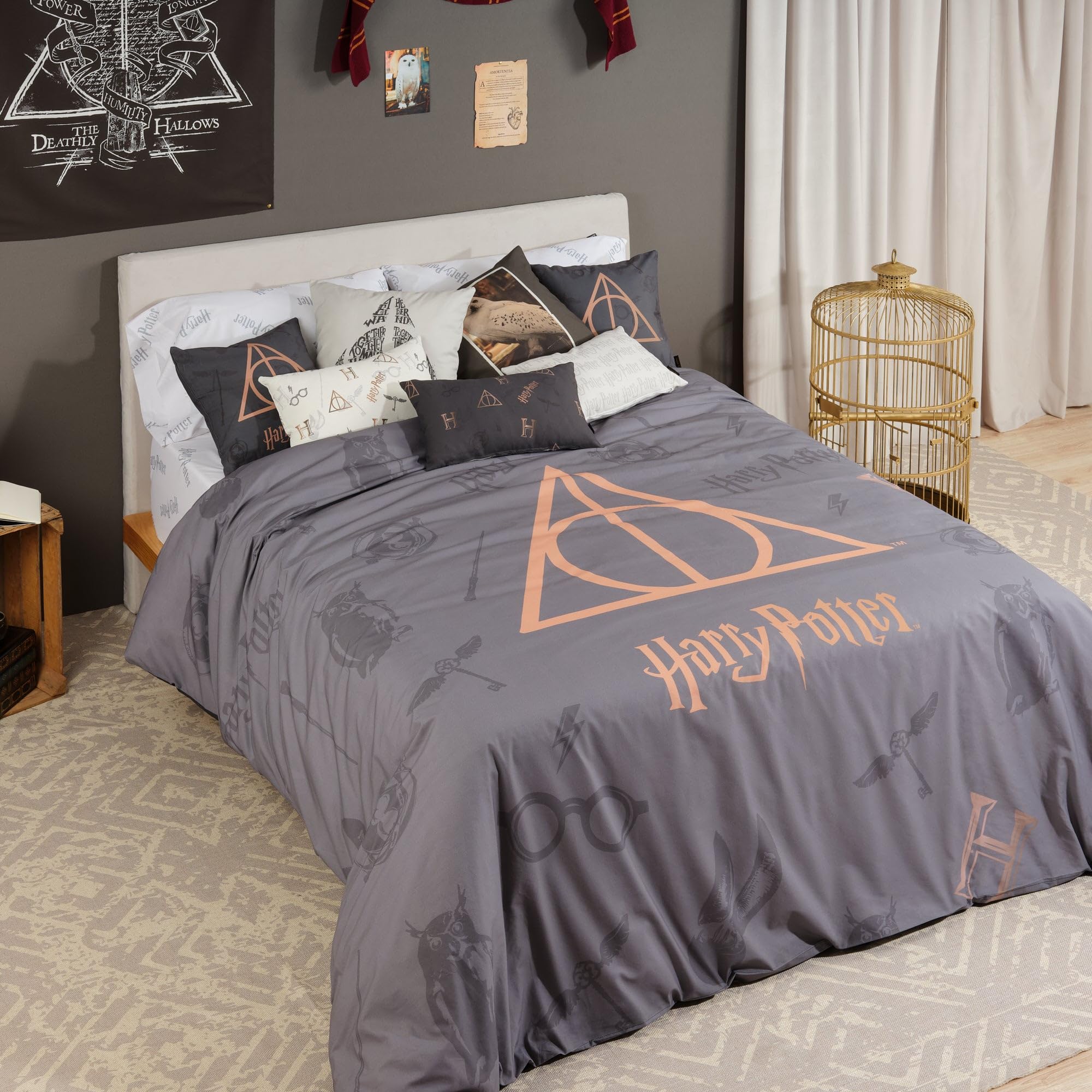 BELUM Harry Potter Deathly Hallows Duvet Cover with Buttons, 100% Organic Cotton, Gold, 90 cm (155 x 220 cm)