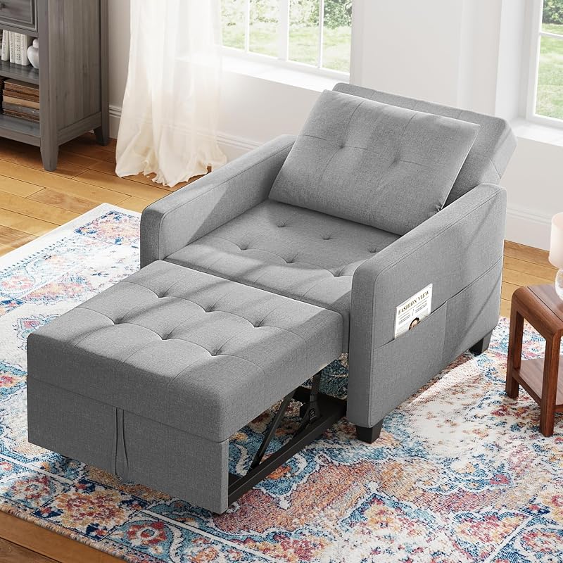 Vesgantti 3 in 1 Sofa Bed Light Grey Convertible Sleeper Chair Side Pockets