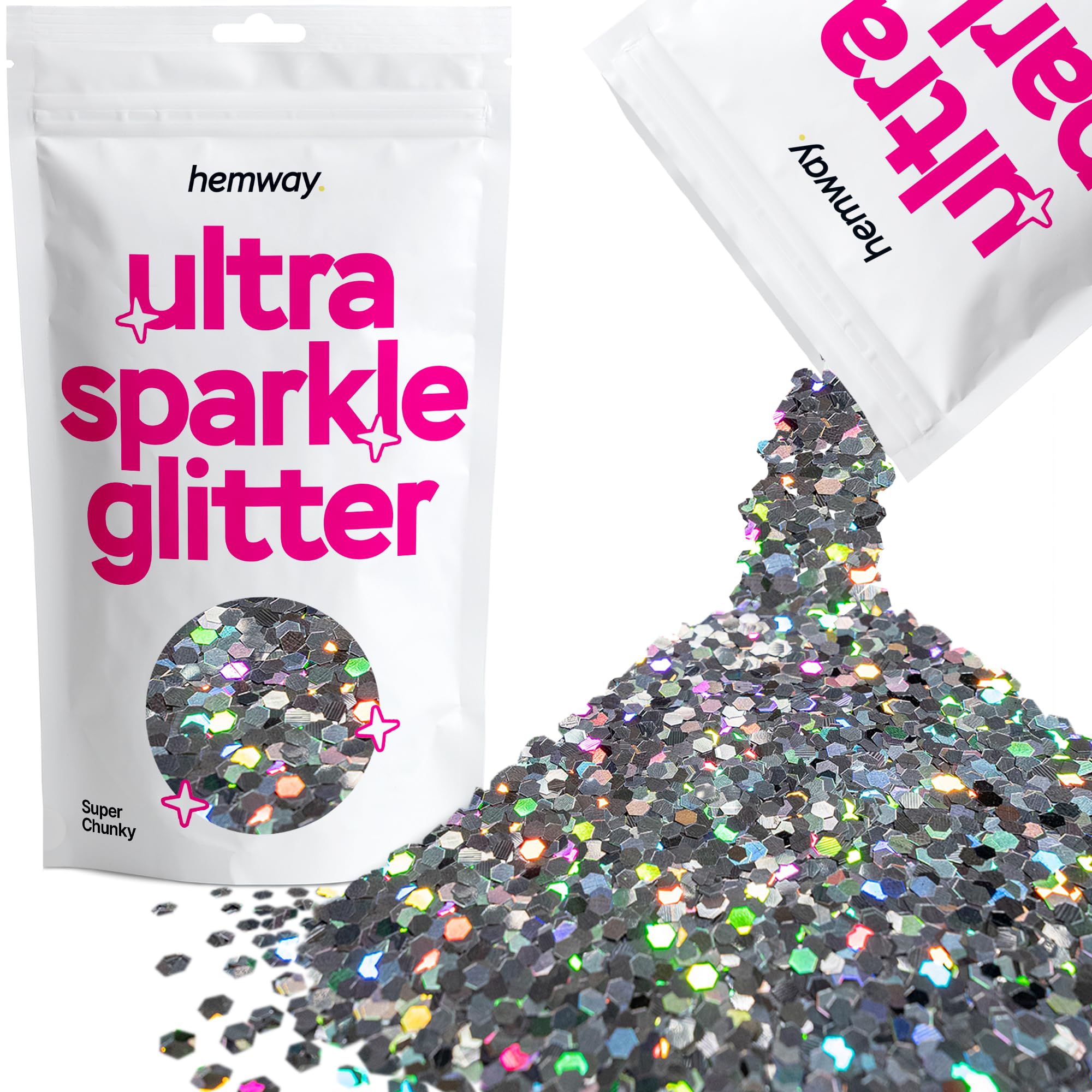 Hemway Ultra Sparkle Glitter Gun Metal Grey Holographic 100g Super Chunky | Glitter for Arts & Craft, Makeup, Nail Art, Crafting, Card Making, Sparkle Decoration