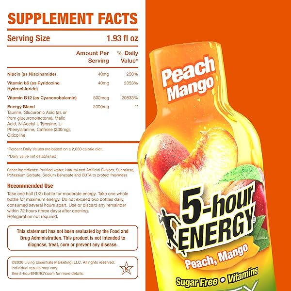 5-HOUR ENERGY PEACH MANGO FLAVOR, 30 COUNT, 1.93 FL OZ ENERGY SHOT, EXTRA STRENGTH, AMINO ACIDS, B VITAMINS, SUGAR FREE AND ZERO CALORIES