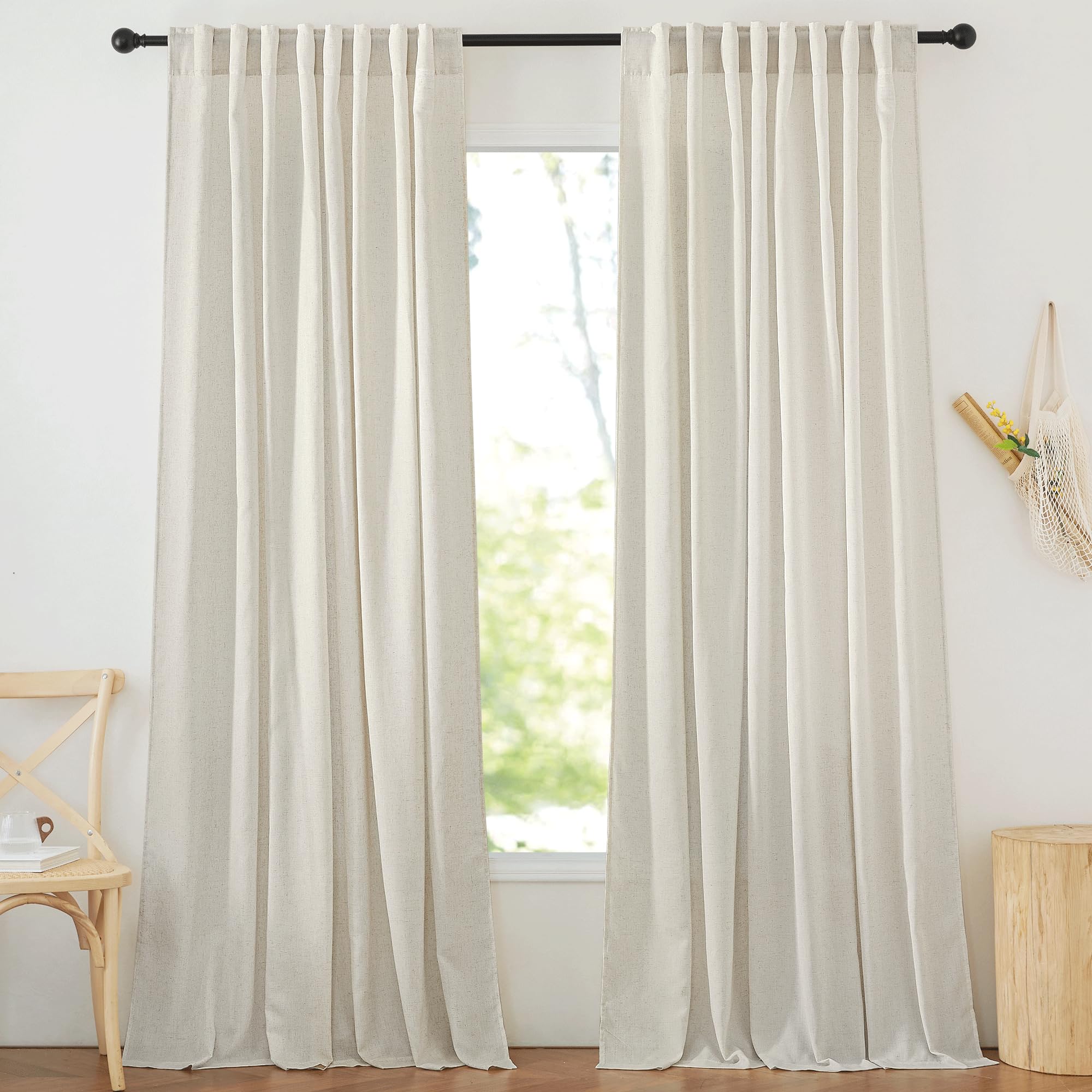 NICETOWN Flax Linen Living Room Curtains 95 inches Long, Rod Pocket & Back Tab Semi Sheer Drapes Privacy Added with Light Filtering for Bedroom/Living Room, Natural, W68 x L95, 2 Panels Image